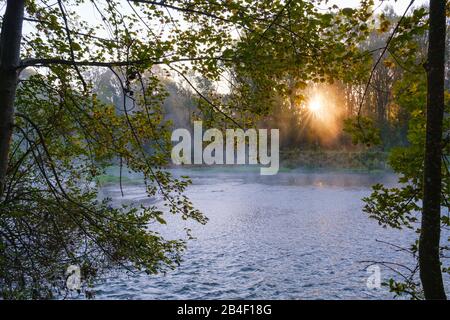 Isar au lever du soleil, réserve naturelle Isaraen entre Hangenham et Moosburg, près d'Oberhummel, Haute-Bavière, Bavière, Allemagne Banque D'Images