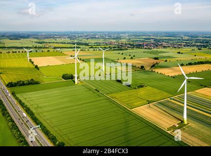 Vue aérienne des centrales éoliennes, de la ferme éolienne sur l'autoroute Westönner, de la route Mawicker et de l'autoroute A 44 avec champs et prairies à Werl dans le Soester Börde dans l'état de Rhénanie-du-Nord-Westphalie en Allemagne, Werl, Soester Börde, Rhénanie-du-Nord-Westphalie, Allemagne, Höhberg Banque D'Images