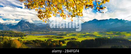 Panorama Landschaft in Bayern mit Hopfensee im Allgäu und der Bergkette der Alpen mit Berg Säuling vor Füssen Banque D'Images