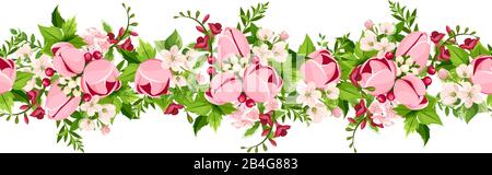 Bordure horizontale vectorielle sans couture avec fleurs roses de tulipe et de freesia sur fond blanc. Illustration de Vecteur