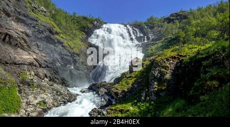 Cascade de Kjossfossen, cascade près de Fureberget, parois rocheuses, arbres, ciel, Flåm, Sogn og Fjordane, Norvège, Scandinavie, Europe Banque D'Images