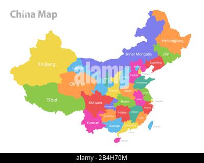 Carte chinoise, division administrative, région individuelle séparée avec noms, carte couleur isolée sur fond blanc vectoriel Illustration de Vecteur