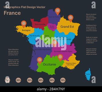 Infographies carte France, couleurs de conception plate, avec noms d'états individuels, fond bleu avec vecteur de points orange Illustration de Vecteur