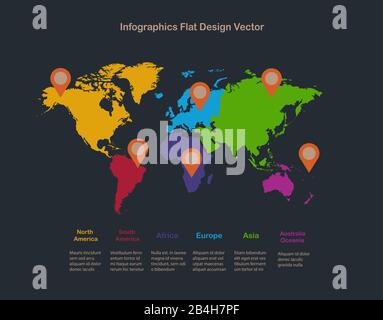 Infographies cartes du monde, conception plate, étiquettes avec des noms de continents individuels, vecteur d'arrière-plan sombre Illustration de Vecteur