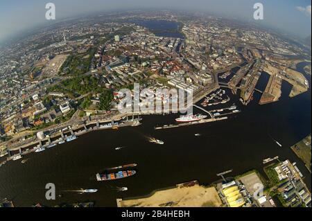 Port de Hambourg et HafenCity dans la vieille ville de Hambourg, à l'approche des routes des zones Niederhafen, Sandtorhafen Grasbrookhafen, Werfthafen, vue aérienne, 11.05.2006, Allemagne, Hambourg Banque D'Images