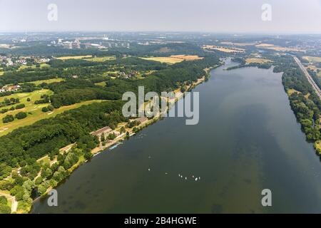 Lac Kemnade à Bochum Stiepel avec maison de bateau de l'Université de Ruhr Bochum, ancienne mine de charbon Gibraltar, 23.07.2013, vue aérienne, Allemagne, Rhénanie-Du-Nord-We Banque D'Images