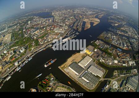 Port de Hambourg et HafenCity à la vieille ville de Hambourg, en approtant les routes des zones Niederhafen, Sandtorhafen Grasbrookhafen, Werfthafen, vue aérienne, 11.05.2006, Allemagne, Hambourg Banque D'Images