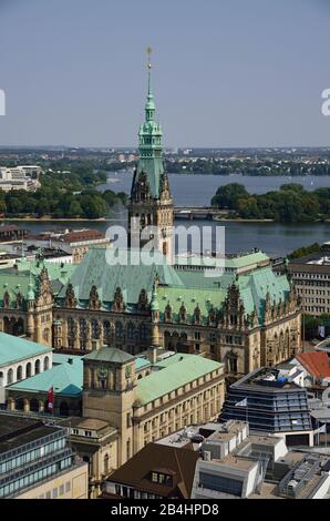 Europe, Allemagne, Hambourg, Ville, vue d'en haut sur Rathaus, Binnenalster et Aussenalster, Banque D'Images