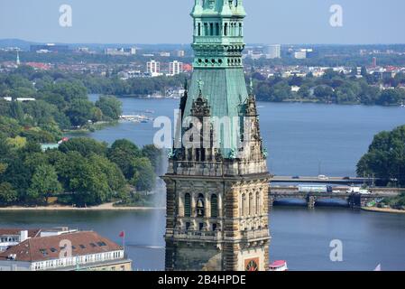 Europe, Allemagne, Hambourg, Ville, vue d'en haut sur Rathaus, Binnenalster et Aussenalster, Banque D'Images