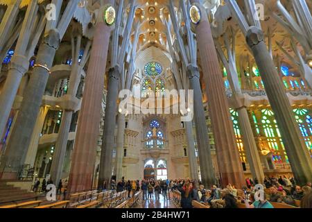 Intérieur de la cathédrale de la Sagrada Familia par Antoni Gaudi à Barcelone, Catalogne, Espagne Banque D'Images
