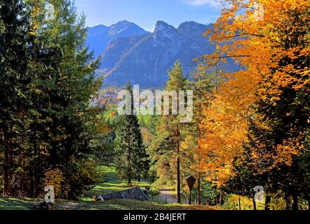 Vue d'ensemble du village de l'Ammertal contre Kofel (1342 m) et Notkarspitze (1888 m), Oberammergau, Passionsspielort, Passion Play Village, Alpes d'Ammergau, Haute-Bavière, Bavière, Allemagne Banque D'Images