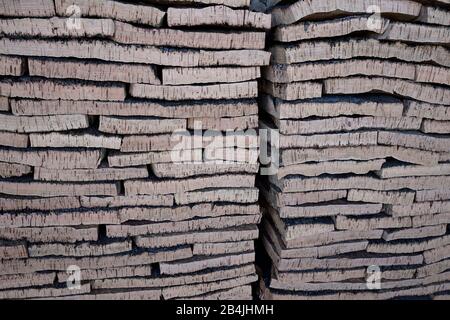 Europe, Portugal, région de l'Alentejo, Evora, fabrique de liège, intérieur, écorce coupée de chêne liège, dalles de liège, palettes Banque D'Images