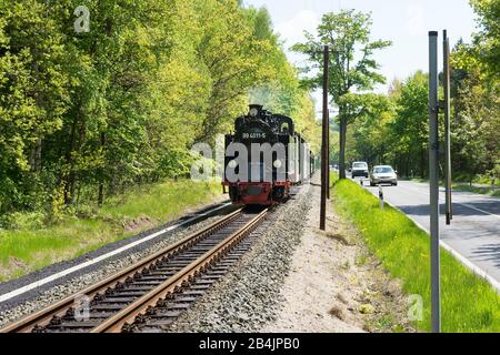 Rügen, Kleinbahn 'Racing Roland' avec une locomotive à vapeur historique sur la route fédérale B196 Banque D'Images