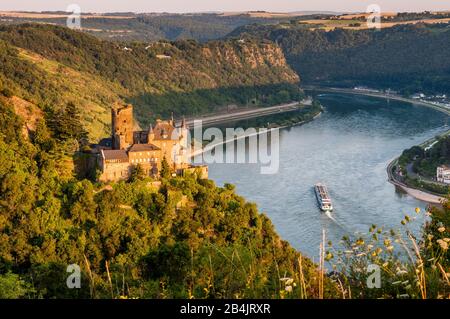 Vue sur le château de Patersberg sur la vallée de Loreley, au Moyen-Rhin près de Saint-Goar, à gauche derrière la Loreley, en face du château de Katz, navire sur le Rhin, partie du Rheinsteig et Burgenwanderwegs, Banque D'Images