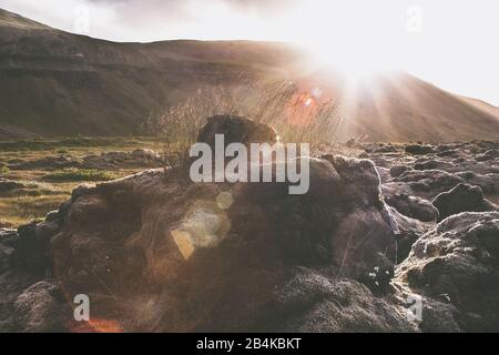 Moss a couvert un champ de lave au coucher du soleil dans le sud de l'Islande Banque D'Images