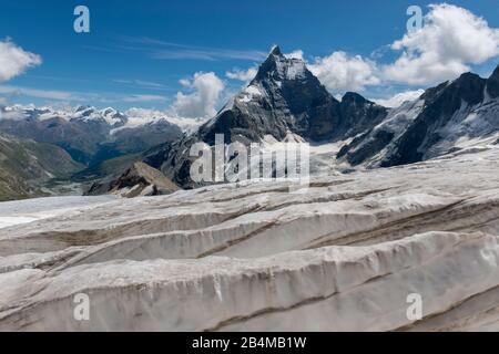 Suisse, Valais, Haute route Chamonix Zermatt, crevasses sur le glacier Stockji avec Allalinhorn, Rimpfischhorn, Strahlhorn et Matterhorn - Zmuttgrat, face ouest et Liongrat Banque D'Images