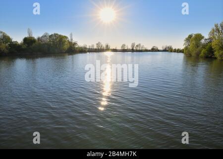 Lac Altmühlsee au coucher du soleil au printemps, Muhr am See, Gunzenhausen, Franconian Lake District, Franconie centrale, Bavière, Allemagne Banque D'Images