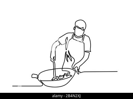 Un dessin continu de chef prépare la nourriture dans la cuisine. Banque D'Images