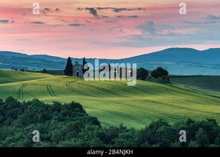 Paysage de Toscane avec la petite chapelle de Madonna di Vitaleta, San Quirico d'Orcia, Val d'Orcia, Toscane, Italie Banque D'Images