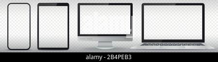 Téléphone mobile, Tablet PC, moniteur d'ordinateur et ordinateur portable Vector Illustration Set avec écrans transparents Illustration de Vecteur