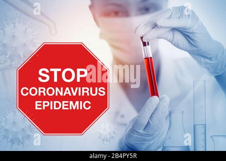 Le concept de risque de coronavirus et de risque pour la santé publique. Arrêter le coronovirus. Concept médical pandémique avec cellules dangereuses. Illustration tridimensionnelle. Banque D'Images