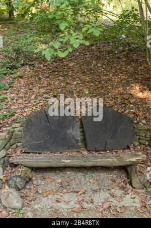Le banc en bois fait maison dans le parc d'automne Banque D'Images