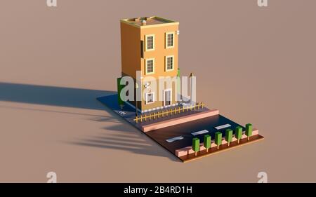 Illustration tridimensionnelle d'un bel appartement avec passerelle, feux de route et de rue dans un beau quartier. Rendu tridimensionnel. Banque D'Images