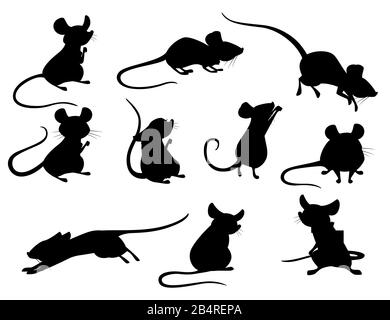 Silhouette noire ensemble de souris grise dans différentes poses mignonne petite animal mammifère plate illustration vectorielle isolée sur fond blanc. Illustration de Vecteur