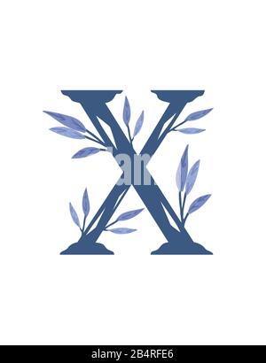 Lettre X branches d'arbres dessinées à la main avec feuilles fleurs botaniques fleurs fleuries dessin à la main style scandinave art design élément illustration vectorielle plate. Illustration de Vecteur