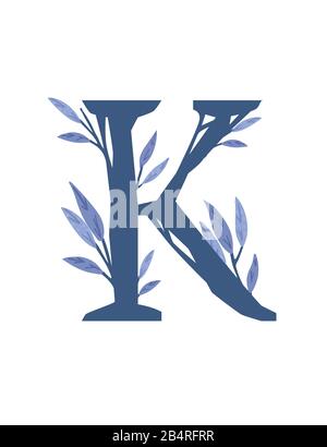 Lettre K branches d'arbres dessinées à la main avec feuilles fleurs botaniques fleurs fleuries dessin à la main style scandinave art design élément illustration vectorielle plate. Illustration de Vecteur