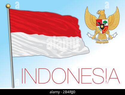 Drapeau national officiel de l'Indonésie et armoiries, pays asiatique, illustration vectorielle Illustration de Vecteur