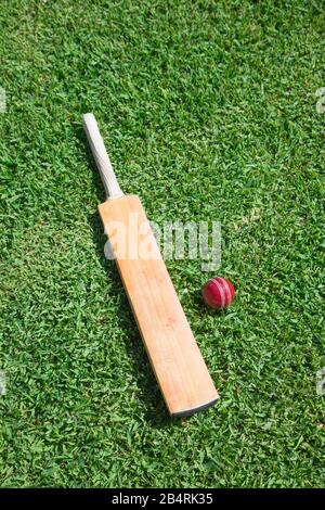 Batte de cricket et boule en cuir rouge sur herbe verte