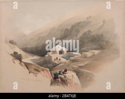 Fontaine de Job, Vallée de Hinnom, lithographie de couleur de Jérusalem par David Roberts (1796-1864). Une réimpression de gravure de Louis Haghe a été publiée dans un livre intitulé « The Holy Land, Syrie, Idumea, Arabie, Egypte et Nubia. En 1855 par D. Appleton & Co., 346 & 348 Broadway à New York. Banque D'Images