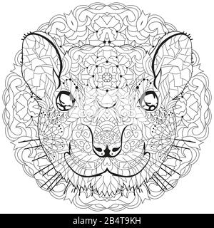 Tête de rat stylisée Zentangle sur un ornement circulaire. Illustration vectorielle de dentelle dessinée à la main pour la coloration Illustration de Vecteur