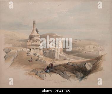 Pilier d'Absalom, vallée de Josaphat, Jérusalem 1839 lithographie de couleur par David Roberts (1796-1864). Une réimpression de gravure de Louis Haghe a été publiée dans un livre intitulé « The Holy Land, Syrie, Idumea, Arabie, Egypte et Nubia. En 1855 par D. Appleton & Co., 346 & 348 Broadway à New York. Banque D'Images