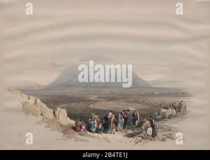 Mont Tabor de la Plaine d'Esdraelon lithographie de couleur par David Roberts (1796-1864). Une réimpression de gravure de Louis Haghe a été publiée dans un livre intitulé « The Holy Land, Syrie, Idumea, Arabie, Egypte et Nubia. En 1855 par D. Appleton & Co., 346 & 348 Broadway à New York. Banque D'Images