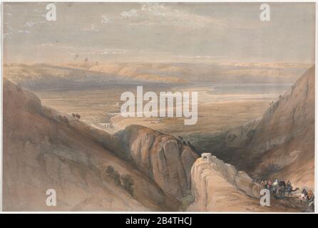 Descente de la vallée du Jourdain 1839 lithographie de couleur par David Roberts (1796-1864). Une réimpression de gravure de Louis Haghe a été publiée dans un livre intitulé « The Holy Land, Syrie, Idumea, Arabie, Egypte et Nubia. En 1855 par D. Appleton & Co., 346 & 348 Broadway à New York. Banque D'Images