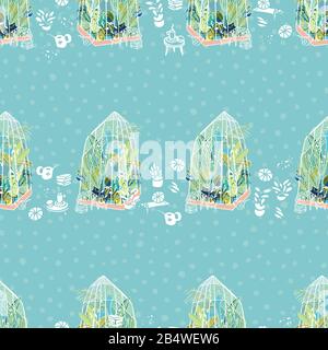 Style de vie hygge vectoriel bordure exotique à effet de serre avec plantes, serre, ustensile de jardin sur fond bleu parsemé. Joyeux motif plantes tropicales. Parfait pour les amoureux du jardin et des plantes. Illustration de Vecteur