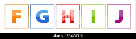 Les lettres F,G,H,I,J colorées, en orange-rouge, violet, bleu, vert. Chaque lettre est dans le cadre et l'arrière-plan est blanc Illustration de Vecteur