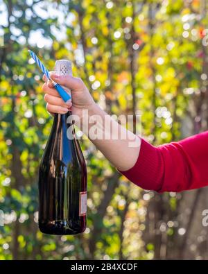 Une main féminine tient une bouteille de champagne et une bougie sur un fond bokeh lumineux Banque D'Images