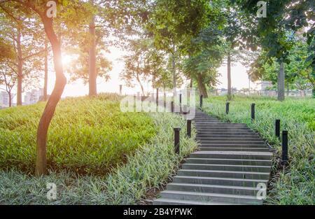 Escaliers en direction du sentier dans le parc de Fushan, Jiangmen, Guangdong, Chine. Banque D'Images