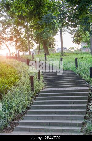 Escaliers en direction du sentier dans le parc de Fushan, Jiangmen, Guangdong, Chine. Banque D'Images