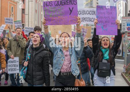 Madrid, Espagne. 06 mars 2020. Grève féministe des étudiants, contre la violence sexiste et l'éducation de Franco à Madrid, Espagne, le 6 mars 2020. L'extrême droite continue de déchaîner sa fureur contre les femmes, les jeunes, le collectif LGTBI et les immigrants. (Photo De Alberto Sibaja/Pacific Press/Sipa Usa) Crédit: Sipa Usa/Alay Live News Banque D'Images