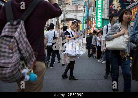 Tokyo, Japon; 14 juin 2016: Une fille offrant une réduction pour un café de la femme de chambre à Akihabara Banque D'Images