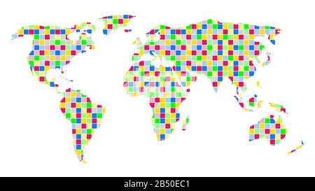 Carte du monde des carrés multicolores. Carte du monde multicolore à carreaux. Grande taille. Banque D'Images