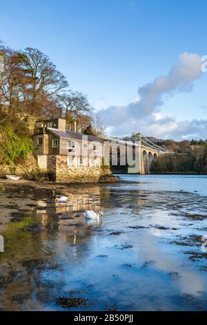 Le pont de Menai depuis la promenade belge de Menai à Anglesey, pays de Galles Banque D'Images