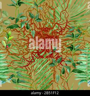 Feuilles fleuries motif de couleur verte sans couture sur un fond olive. Banque D'Images
