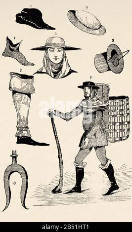 Moyen Âge. Vêtements et objets. Chapeaux de gens de village, chaussures de gens de pays, femme de pays, homme de pays, outils agricoles. Ancienne illustration de gravure fr Banque D'Images