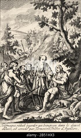 Telemachus réduit à garder un troupeau dans le désert de l'oasis, est console par Termosiris prêtre d'Apollon. Ancienne gravure du XVIIIe siècle du livre l'adv Banque D'Images