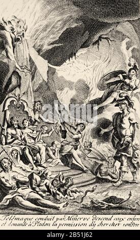 Telemachus conduit par Minerva descend en enfer et demande à Pluton la permission de dire à son père bien-aimé. Ancienne gravure du XVIIIe siècle du livre l'adve Banque D'Images